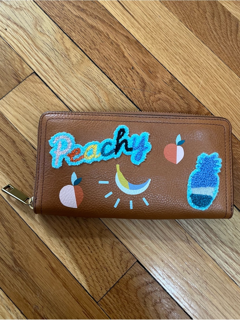 Brown Zip-Around Wallet with Colorful 'Peachy' Patches